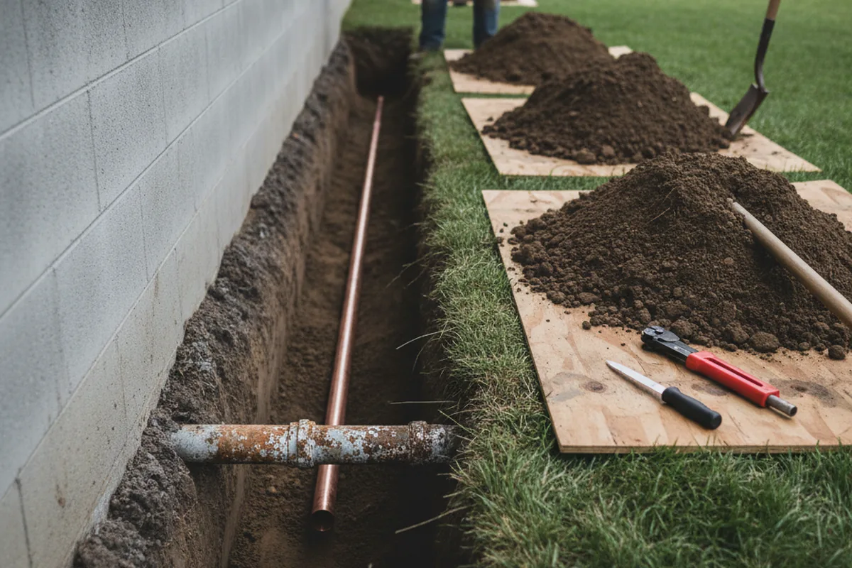 Excavated water line trench during Water Softener Installation in Franktown